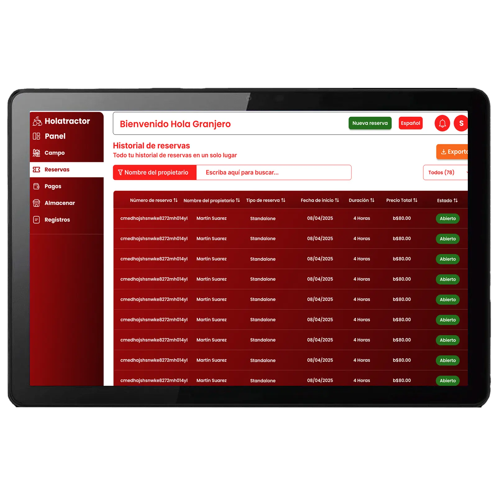 Panel de Control del Agricultor en Tablet